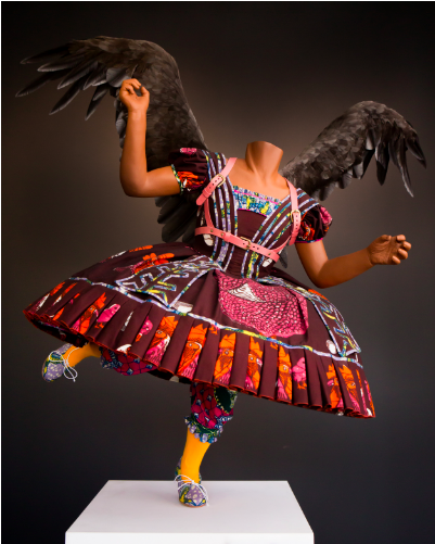 Yinka Shonibare. Food Fairy, 2006. Manikin, Dutch wax printed cotton, leather, artificial fruit, fiberglass, and goose feathers. Courtesy of the artist and Cooper Gallery.
