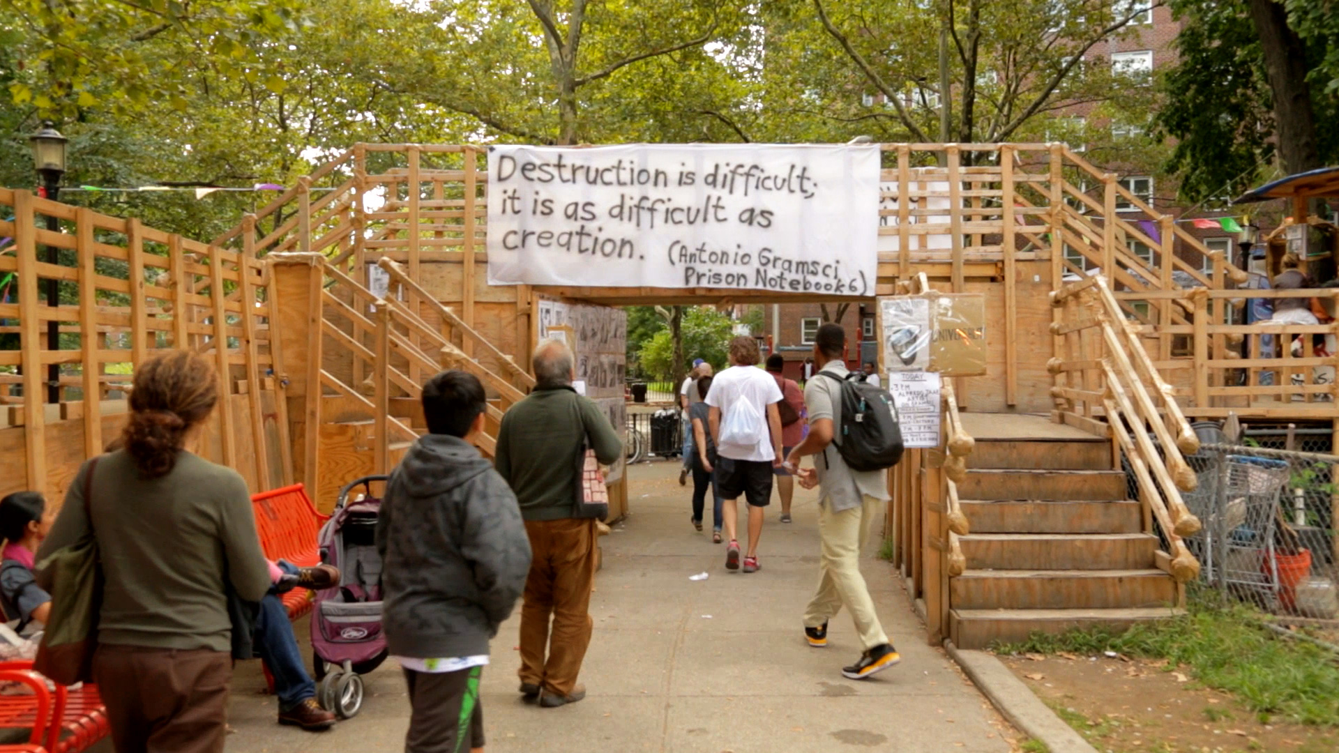 Thomas Hirschhorn. Gramsci Monument, 2013. Site-specific participatory sculpture at Forest Houses, Bronx, New York, 2013. Production still from the ART21 Exclusive episode, Thomas Hirschhorn: "Gramsci Monument". 2015. © ART21, Inc. 2015.