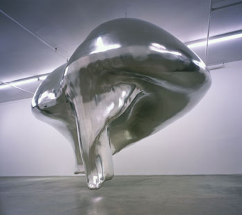 I√±igo Manglano-Ovalle, <i>Cloud Prototype No. 1</i>, 2003. Fiberglass and titanium alloy foil, 132 x 176 x 96 inches. Installation view, Purgatory, at Max Protetch Gallery, New York. Courtesy the artist and Max Protetch Gallery, New York.