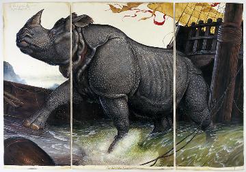 Walton Ford, “Loss of the Lisbon Rhinoceros”, 2008, watercolor, gouache, pencil, and ink on paper. Courtesy of Paul Kasmin Gallery.