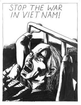 Raymond Pettibon, “No Title (Stop the War…)”, 1981. India ink and blue crayon on paper. Courtesy BFAS.