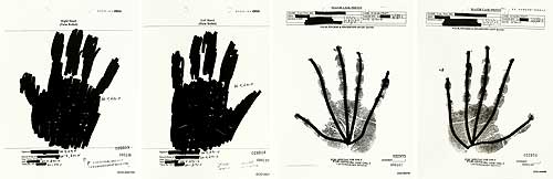 Jenny Holzer, Left Hand (Palm Rolled), 2007. Text: U.S. government document; Right Hand (Palm Rolled), 2007. Text: U.S. government document; PALM, FINGERS & FINGERTIPS 000406, 2007. Text: U.S. government document; PALM, FINGERS & FINGERTIPS 000407, 2007. Text: U.S. government document. © 2008 Jenny Holzer, member Artists Rights Society (ARS), NY.