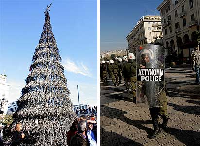 Burnt Christmas tree and police, in Athens Greece