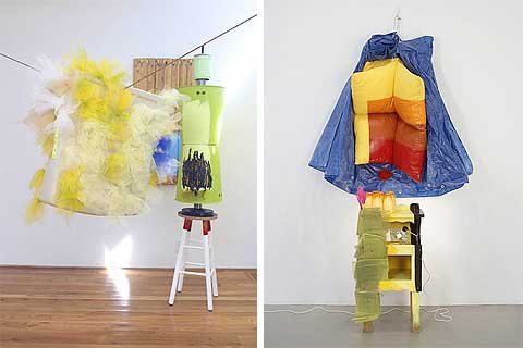 Jessica Stockholder. Left: 2006 (inv. #438) Bamboo flooring boards, 2 green plastic bins, green thermos, lamp parts, plastic volume with tulle, wooden stool, hardware, rope, acrylic and oil paint, level caulking used as a primer on plastic and small parts; 96 x 144 x 112 inches. Right: 2006 (inv. #429), Furniture, tarp, pillows, lamp, plastic, glass jars; 105 x 51 x 30 inches.