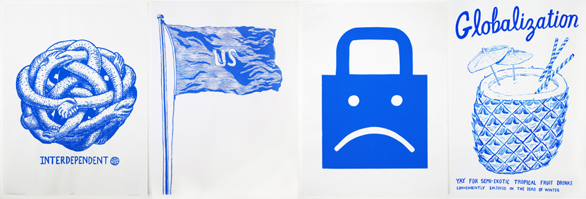 Interdependent Earth, Us Flag, Sad Sack(Bad Economy), Hooray for Globalization, 2008,  24" x 18", screen prints on paper.