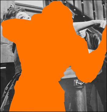 John Baldessaei "<u>Two Person Fight</u> (One Orange): With Spectator," 2004. Three dimensional digital archival print with acrylic paint on sintra, dibon and gatorfoam panels, 84 x 79 inches. © John Baldessari, courtesy Marian Goodman Gallery, New York.