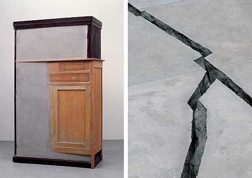 Doris Salcedo. Left: "Untitled," 1998. Wood, concrete and metal, 74 x 44 x 21 1/2 inches. Collection of Albright-Knox Art Gallery, Buffalo. Right: "Shibboleth," 2007.  Installation at Turbine Hall; Tate Modern, London  Concrete and metal, 548 feet long. Courtesy of the Artist and Alexander & Bonin, New York.