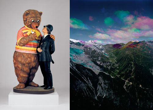 (L) Jeff Koons. Bear and Policeman, 1988. Polychromed wood, 85 x 43 x 37 inches. © Jeff Koons. Courtesy the Artist; (R) Florian Maier-Aichen. Untitled, 2007. C-print, 91 x 72 2/5 inches. © Florian Maier-Aichen, courtesy Blum & Poe, Los Angeles and 303 Gallery, New York.