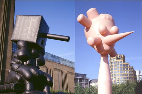 Paul McCarthy "Blockhead" (2003) and "Daddies Bighead"  (2003). Installation at Tate Modern, North Landscape. Courtesy: Hauser and Wirth Gallery London/Zurich & Luhring Augustine, New York © Paul McCarthy. Photocredit: Copyright Marcus Leith/Andrew Dunkley Tate Photography