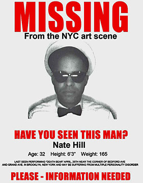 A "missing" poster that the artists places up on the routes of his detachment walks.  Unfortunately, some people he knew took it a little too literally.