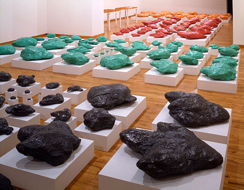Allan McCollum. "Natural Copies from the Coal Mines of Central Utah," 1994–1995. Installation view at John Weber Gallery, New York. Enamel paint on cast polymer-enhanced Hydrocal, variable dimensions. Produced in collaboration with the College of Eastern Utah Prehistoric Museum, Price, Utah. Photo by Fred Scruton. © Allan McCollum. Courtesy the artist.