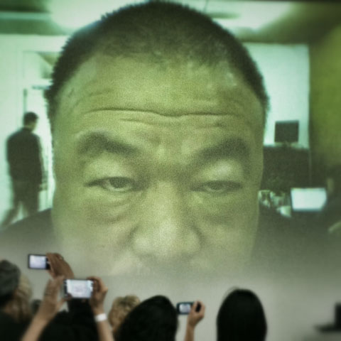 Ai Weiwei on Skype for the Richard. J. Massey Award for Arts and Humanity, at the White Box Spring Benefit 2012. Photo by Chris Reed.