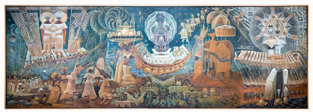 John Biggers. The Quilting Party (1980-81). Image courtesy Sanford Biggers and Mass MoCA.