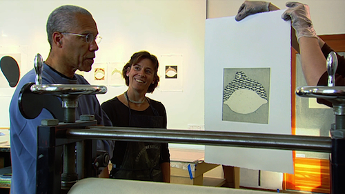 Martin Puryear reviewing a finished print at Paulson Bott Press in Berkeley, CA. Production still from the series Exclusive. © Art21, Inc. 2013. Cinematography by Bob Elfstrom.