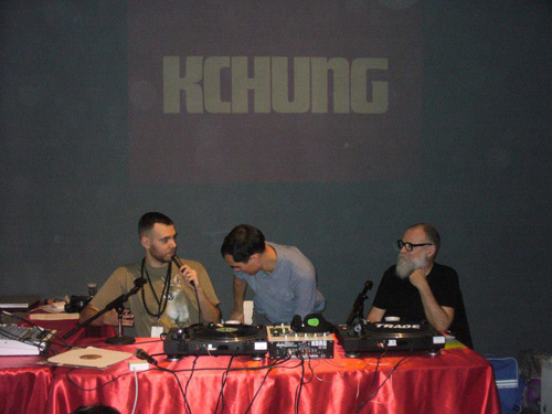 Fair organizer AA Bronson, right, hangs out with the deejays of KCHUNG Radio