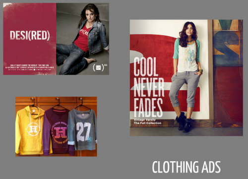 Signifiers of print evident in clothing advertisements (ink splatters and distressed surfaces, faux wood type, etc).