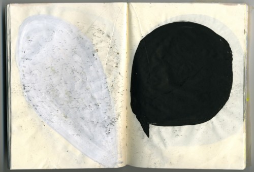  Mira Schor. “Small Black Thought Bubble,” 2007. 4th spread, small brown notebook, 6 1/2 x 9 1/4 in. Courtesy of the artist. 