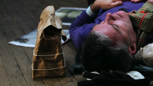 A paper bag containing a radio and a visitor to "the event of a thread." Production stills from the series Exclusive. © Art21, Inc. 2013. Cinematography by Ian Forster.