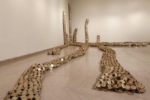 El Anatsui, "Drainpipe," 2010. Tin and copper wire, installation at the Akron Art Museum, dimensions variable. Courtesy of the artist and Jack Shainman Gallery, New York. Photograph by Andrew McAllister, courtesy of the Akron Art Museum.