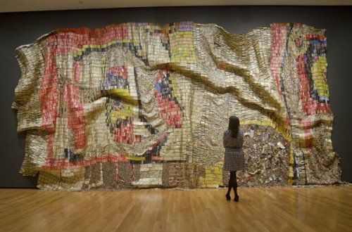 El Anatsui, "Earth’s Skin," 2007. Aluminum and copper wire, 177 x 394 in. Courtesy of the artist and Jack Shainman Gallery, New York. Photograph by Joe Levack, courtesy of the Akron Art Museum.