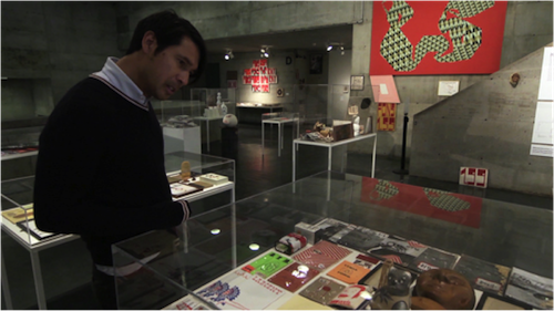 Barry McGee at the Berkeley Art Museum and Pacific Film Archive during his 2012 retrospective exhibition. Production still from the series Exclusive. © Art21, Inc. 2013. Cinematography by Bob Elfstrom.