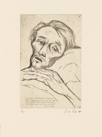Sue Coe. "Thomas - Galvaston Hospital," 1994. Drypoint, Sheet (Irregular): 13 x 9 3/4in. (33 x 24.8 cm). Whitney Museum of American Art, New York; purchase, with funds from the Print Committee 94.74.9. Copyright © 1994  Sue  Coe  