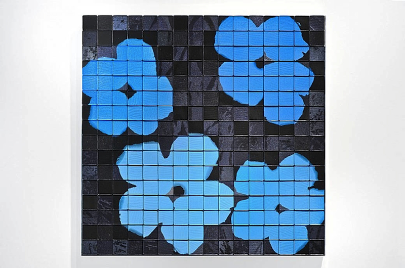 Rachel Lachowicz,  Cerulean Blue (Warhol), 2012; mixed Media: pressed eyeshadow, aluminum; 24 x 24 inches. Courtesy Shoshana Wayne Gallery, Santa Monica, CA