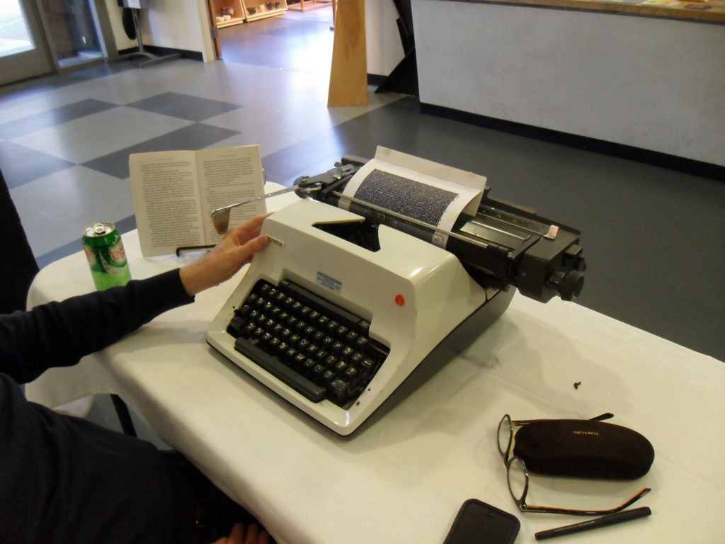 Tim Youd’s workstation at Grand Central Art Center in Santa Ana, where he typed Philip K. Dick’s "A Scanner Darkly," November 2013. Photo: Carol Cheh.