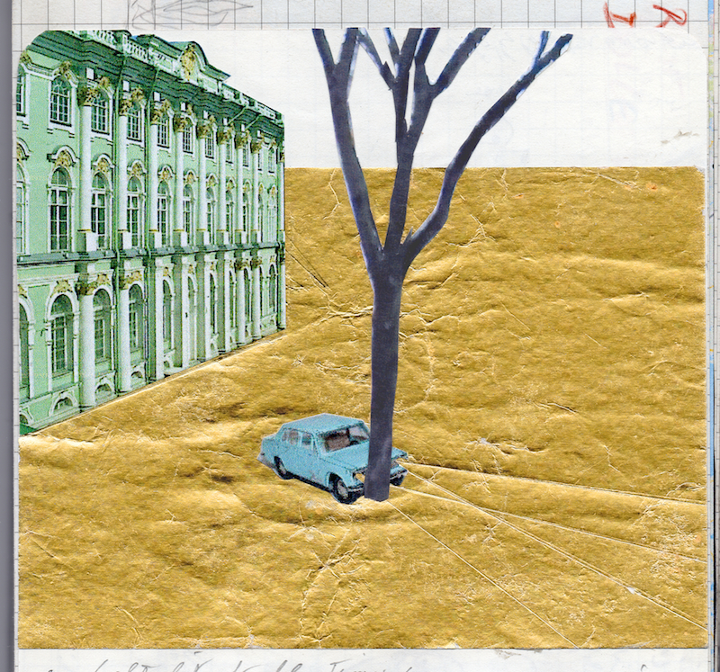 Francis Alÿs. Draft for "Lada Kopeika," an ongoing project for Manifesta, 2014. Collage with gold leaf; 11.5 x 13 cm. Courtesy the artist.
