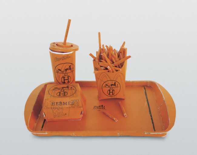 Tom Sachs. "Hermés Value Meal," 1997. Cardboard, thermal adhesive; 15.35 x 7.87 x 7.87 inches.
