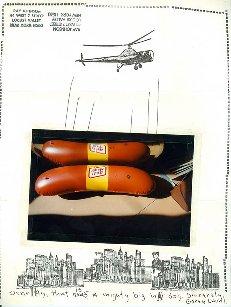 “In 1969, Ray Johnson was invited to participate in the 7th Annual Avant Garde Festival on Ward’s Island. For his contribution, he decided to rent a helicopter and drop 60 foot-long hot dogs onto the unsuspecting lawns and houses below. This performance related to a series of drawings he was then doing – traces of people’s feet. Johnson was later surprised to learn that many people ate the hot dogs, thinking they were food, not parts of an artistic performance.” Courtesy Ray Johnson Estate Tumblr.