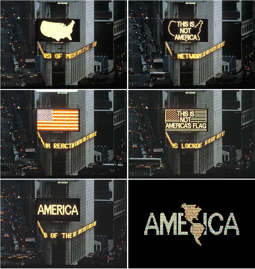 Alfredo Jaar. A Logo for America, 1986. Public intervention at Times Square, New York, USA. © Alfredo Jaar, courtesy Galerie Lelong, New York.