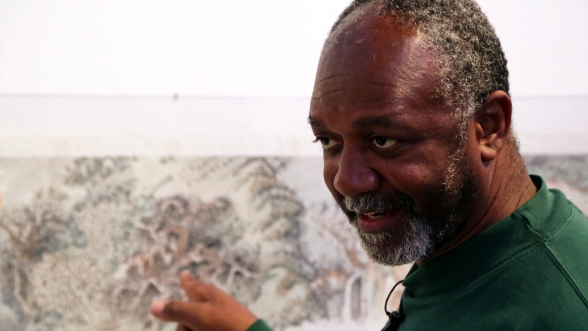 Kerry James Marshall discussing the work of Yun-Fei Ji at the Prospect.3 biennial in New Orleans, Louisiana. Production still from the series ART21 Artist to Artist. © ART21, Inc. 2014. Cinematography: Ian Forster.