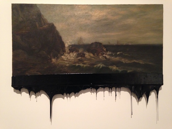 Minerva Cuevas. Offshore, 2014. Oil on compressed wood covered in tar; 40 x 36 ½ inches. Photo by the author.