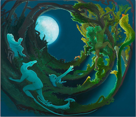 Inka Essenhigh. Moon Creatures, 2014, 72 x 62 inches, oil on linen. Courtesy Baldwin Gallery, © Inka Essenhigh.