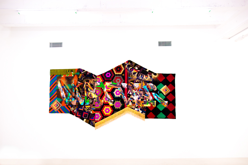 Sanford Bigger. Matter, 2015. Antique quilts, oil stick, spray paint, fabrics, acrylic, tar, glitter, and silkscreen, 120 x 48 inches. Courtesy of David Castillo Gallery.