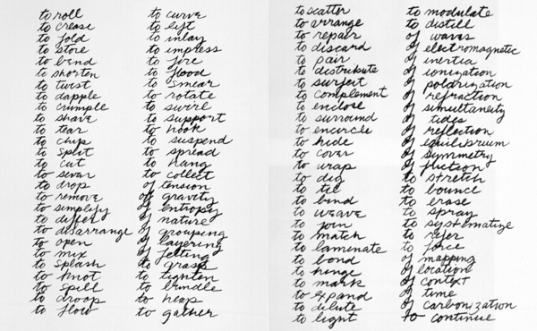 Richard Serra. Verb List. 1967–68. Graphite on paper, 2 sheets, each 10 x 8" (25.4 x 20.3 cm). The Museum of Modern Art, New York. Gift of the artist in honor of Wynn Kramarsky. © 2011 Richard Serra/Artists Rights Society (ARS), New York.