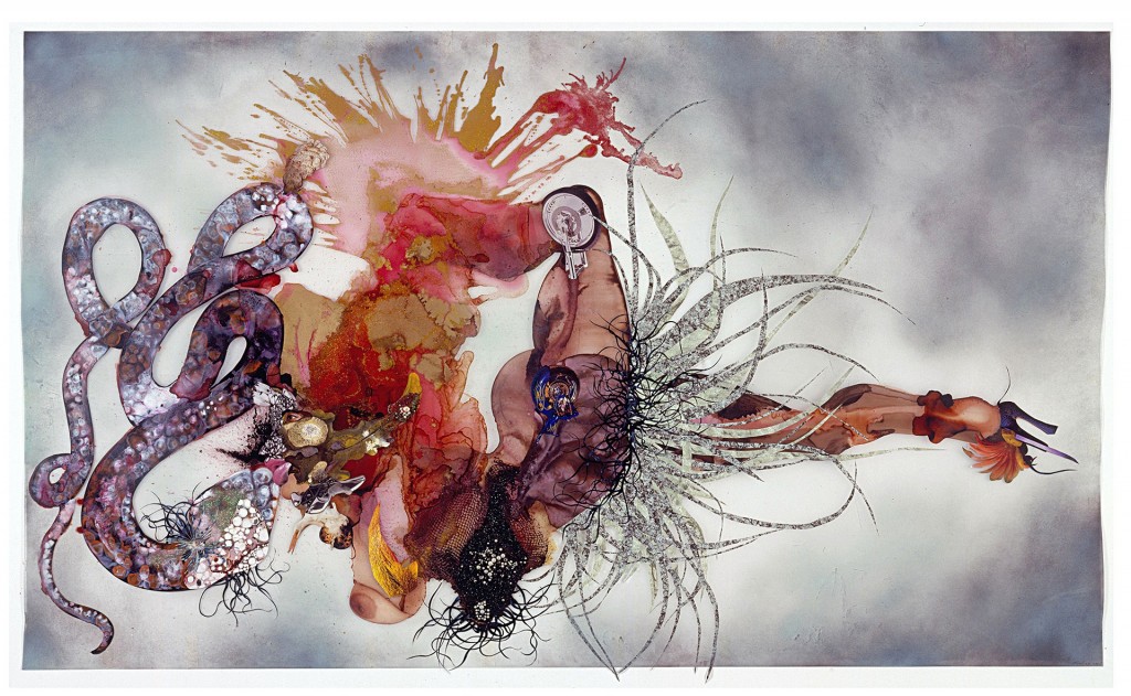 Wangechi Mutu. Non je ne regrette rien, 2007. Ink, paint, mixed media, plant material and plastic pearls on mylar, 54 x 87 inches. Courtesy of the artist and Victoria Miro Gallery.