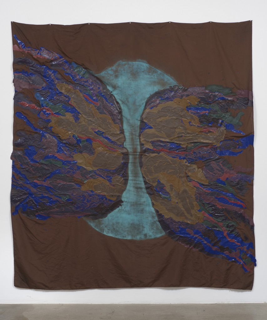Rodney McMillian. Blue sun. 2014‑2015. On view at MoMA PS1. Latex and ink on bed sheet, 95 × 86″ (241.3 × 218.4 cm) Collection of Danielle and David Ganek.