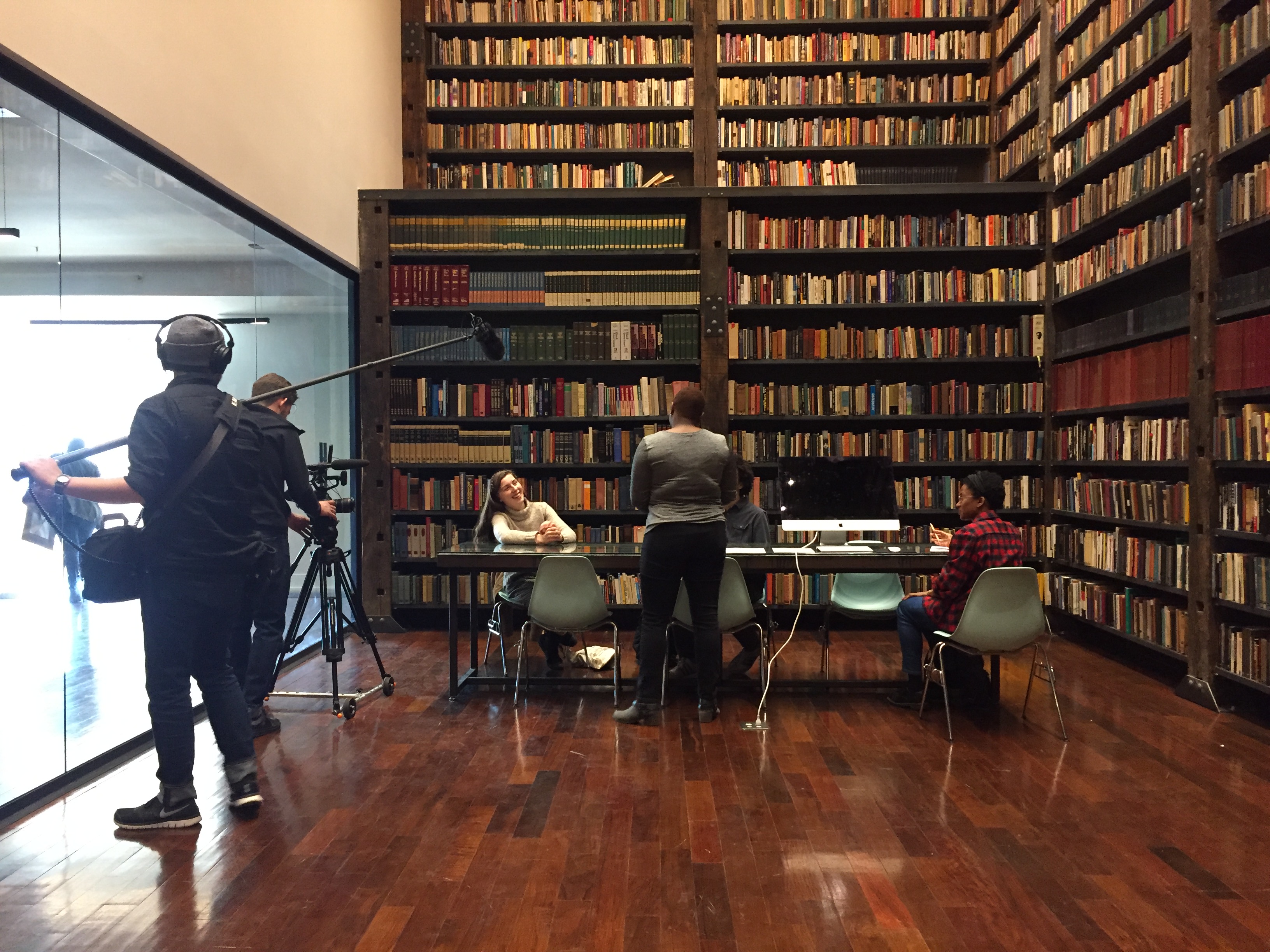 ART21 filming at Theaster Gates’s Stony Island Arts Bank in Chicago, USA, 2016. Behind the scenes of ART21’s series Art in the Twenty-First Century, Season 8, 2016. Photo: Brian Ashby. © ART21, Inc. 2016.