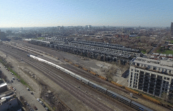 Trains in Pilsen neighborhood, Chicago. April 15, 2016. Cinematography: Robo Aerial.