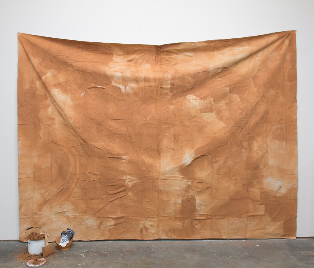 Carolyn Carr, A Photographer's Studio and the Problems of Posing (in progress image), 1978-2016. Hand-built vessels made of Georgia red clay, pine beam, shutters, van dyke, cyanotype, silver gelatin print, painter’s brush, canvas, tin pitcher, stoneware butter churn, bench, painting, installation dimensions variable. © Carolyn Carr. Courtesy of the artist and Jackson Fine Art, Atlanta.
