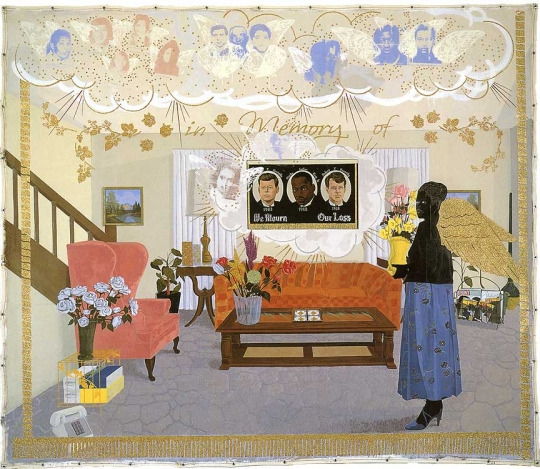 Kerry James Marshall "Souvenir II," 1997 Acrylic, paper, collage, and glitter on unstretched canvas, 108 x 120 inches Addison Gallery of American Art, Phillips Academy, Andover, Massachusetts Courtesy Jack Shainman Gallery, New York.
