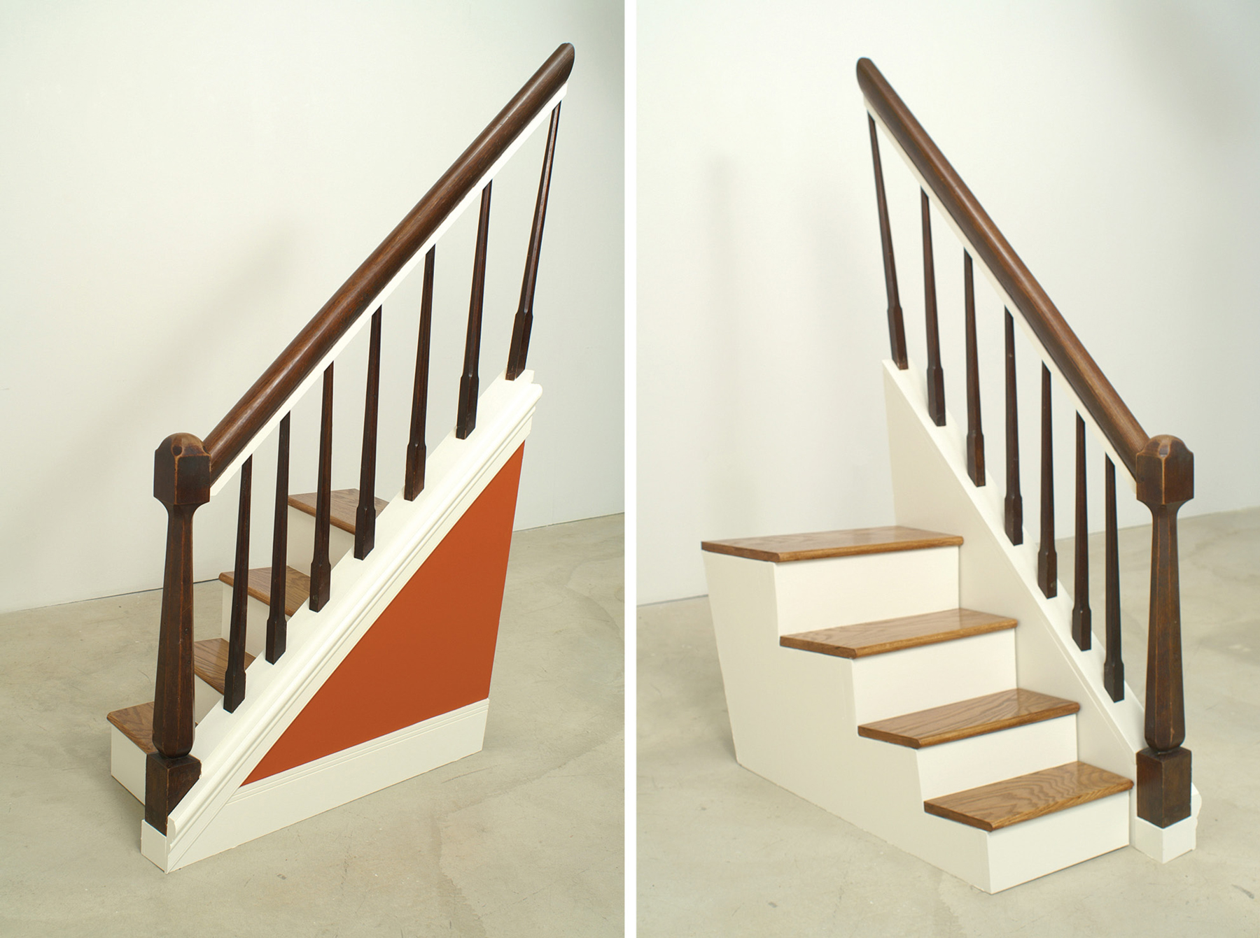 Untitled (Staircase), 2005. Found railing and post, wood, house paint; 30’ x 29” x 58”. Courtesy of the artist.