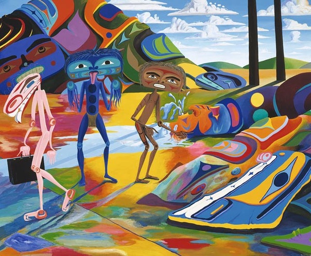 Lawrence Paul Yuxweluptun, The Impending Nisga’a Deal. Last Stand. Chump Change 1996, Acrylic on Canvas, 201x 245.1 x 5.1 cm, Courtesy of Macauley and Co., Collection of the Vancouver Art Gallery. Vancouver Art Gallery Acquisition Fund.