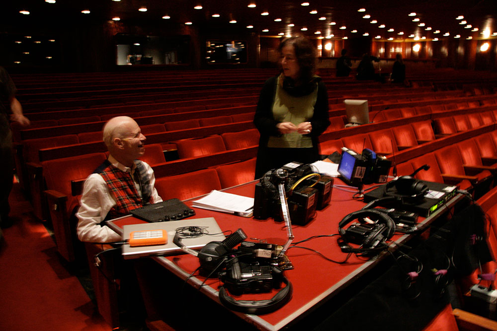 Directors Susan Sollins and Charles Atlas at the production table, center orchestra, The Metropolitan Opera, New York. Photo by Ian Forster.